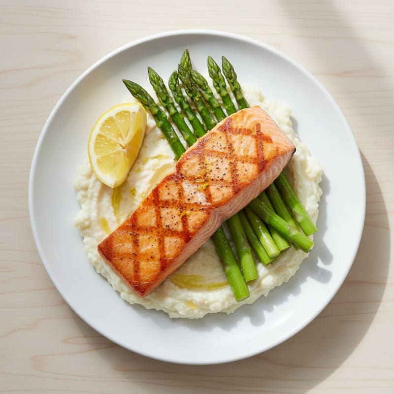 Seared Salmon with Steamed Asparagus and Garlic Cauliflower Mash
