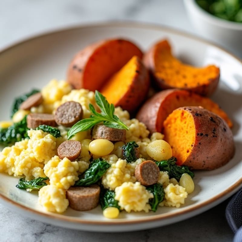 Egg White and Turkey Sausage Scramble with Spinach and Roasted Sweet Potato