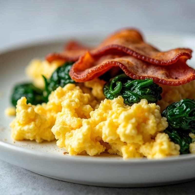 Cottage Cheese Egg Scramble with Sautéed Spinach and Turkey Bacon