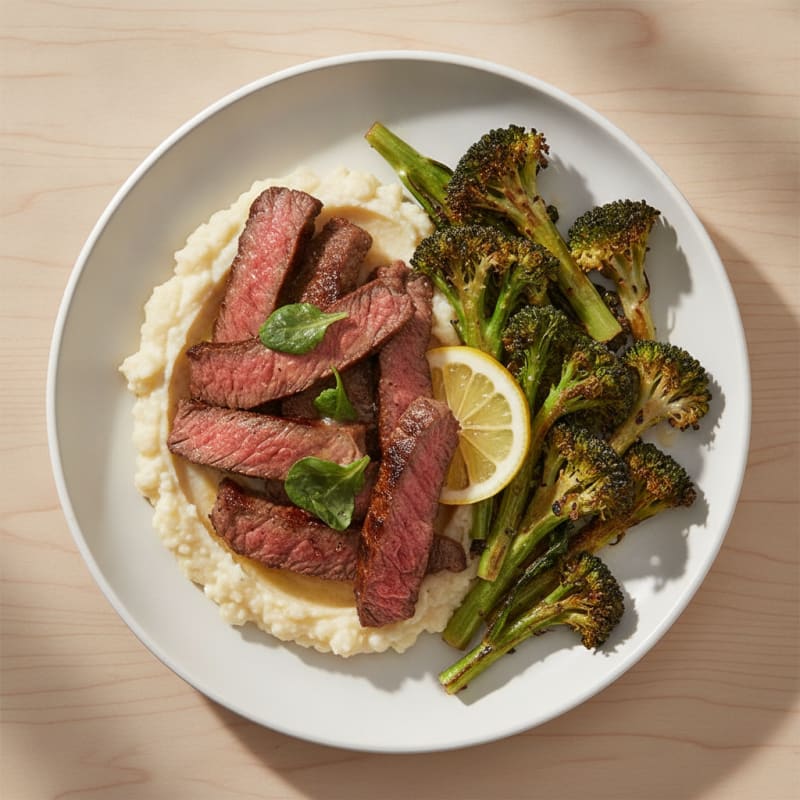 Seared Lean Beef Strips with Roasted Broccoli and Cauliflower Mash