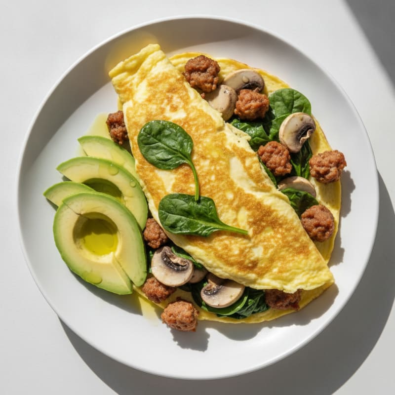 Egg White Spinach Omelette with Turkey Sausage and Sautéed Mushrooms