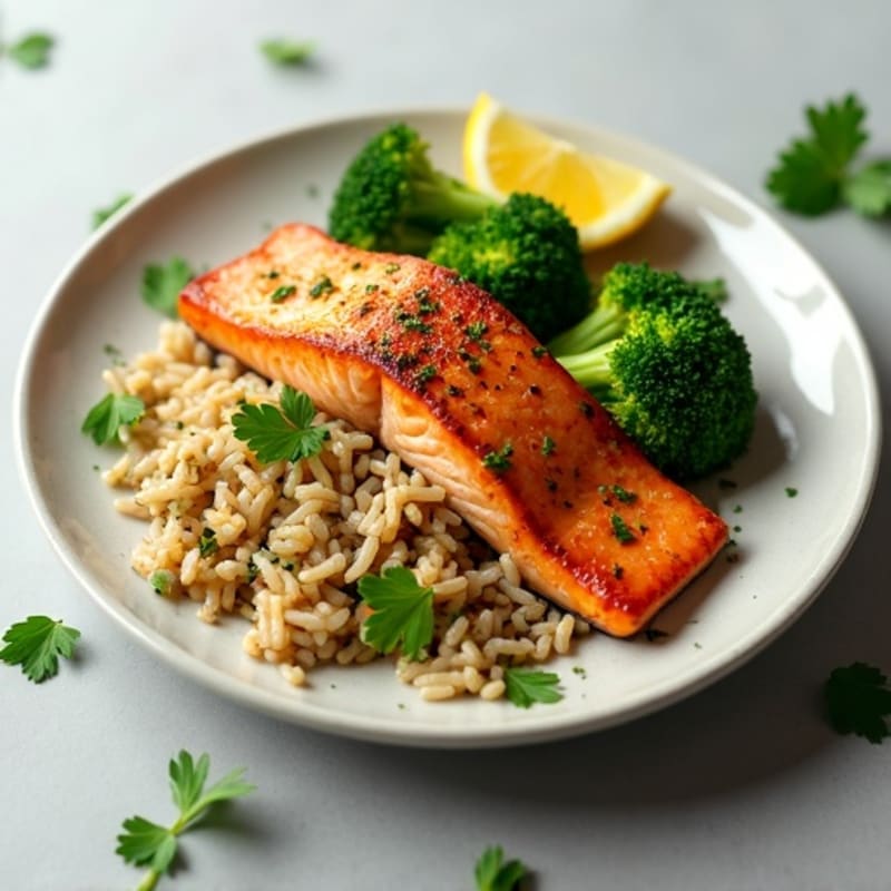 Seared Salmon with Steamed Broccoli and Herb Brown Rice