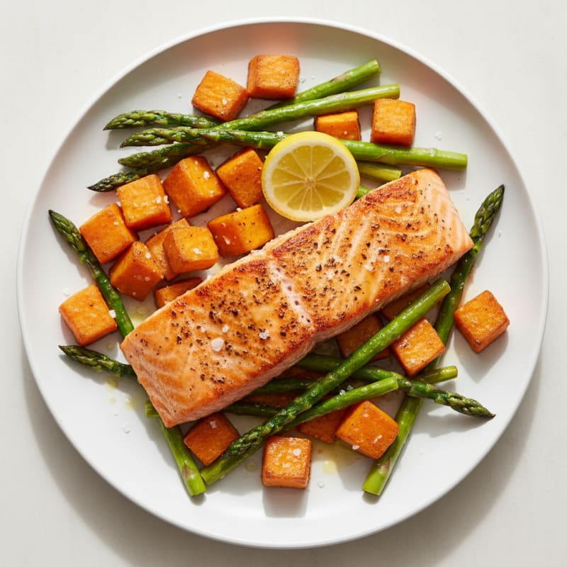 Seared Salmon Fillet with Roasted Sweet Potatoes and Asparagus