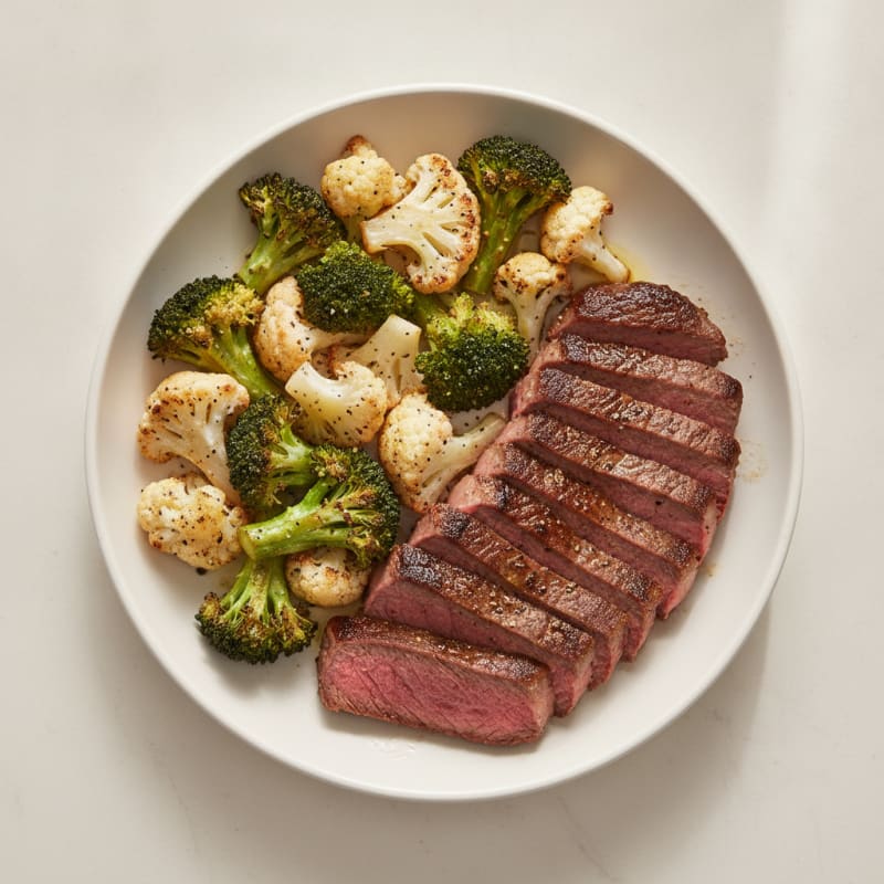 Seared Lean Beef with Roasted Broccoli and Cauliflower