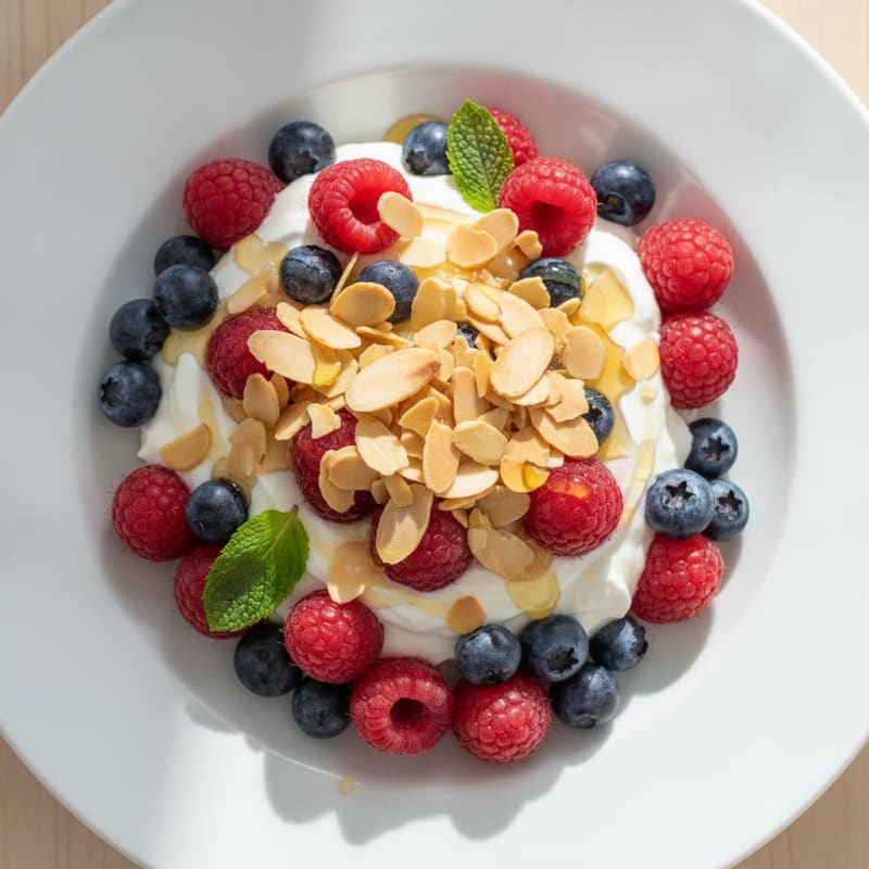 Greek Yogurt Parfait with Mixed Berries and Crunchy Almonds