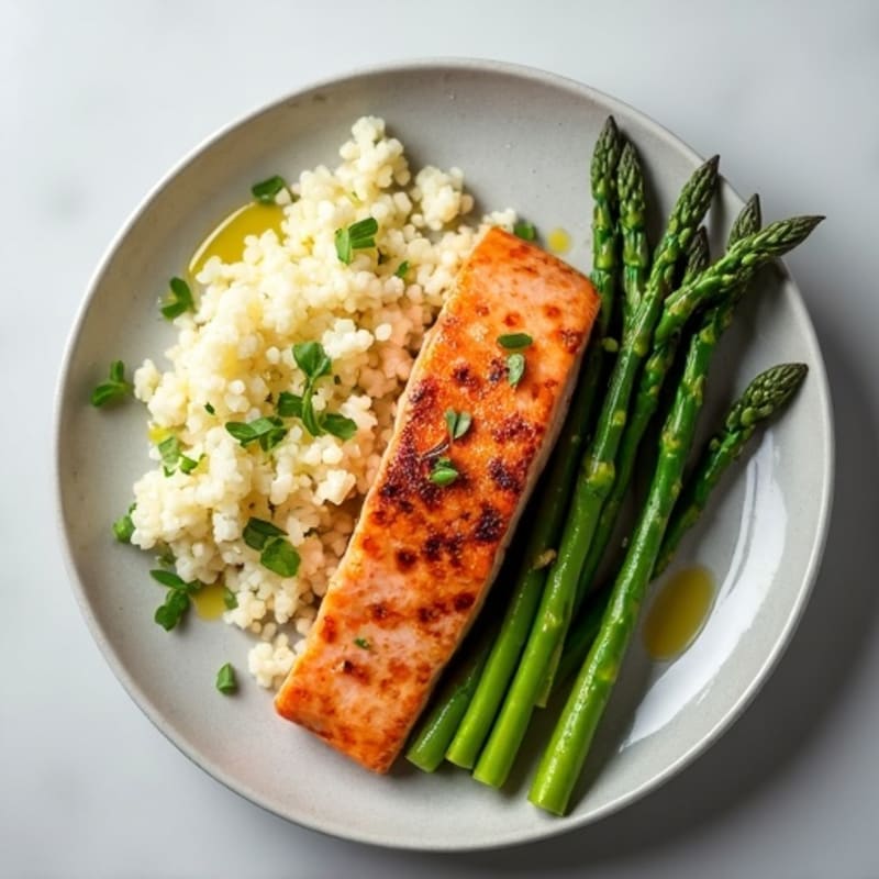 Seared Salmon with Steamed Asparagus and Cauliflower Rice