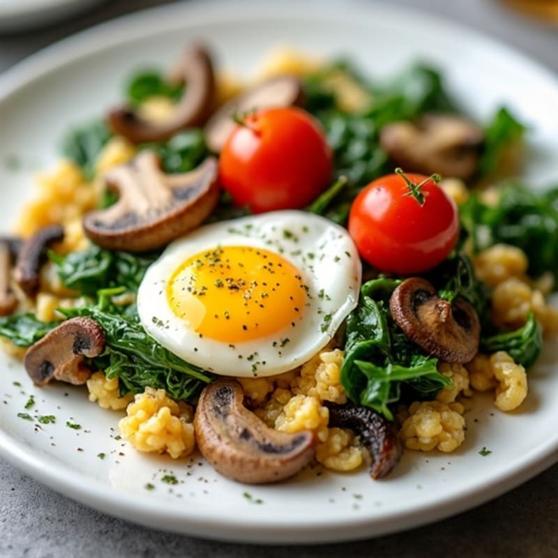 Egg and Spinach Scramble with Sautéed Mushrooms and Cherry Tomatoes