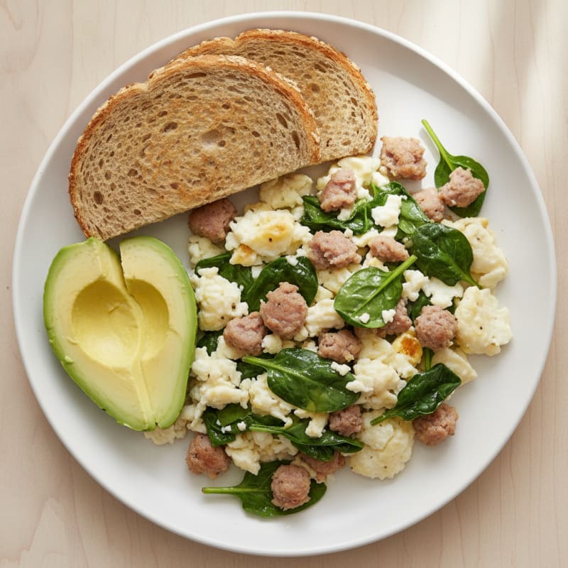 Scrambled Egg Whites with Turkey Sausage and Sautéed Spinach