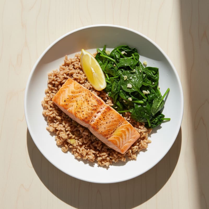 Seared Salmon Fillet with Garlic Spinach and Brown Rice