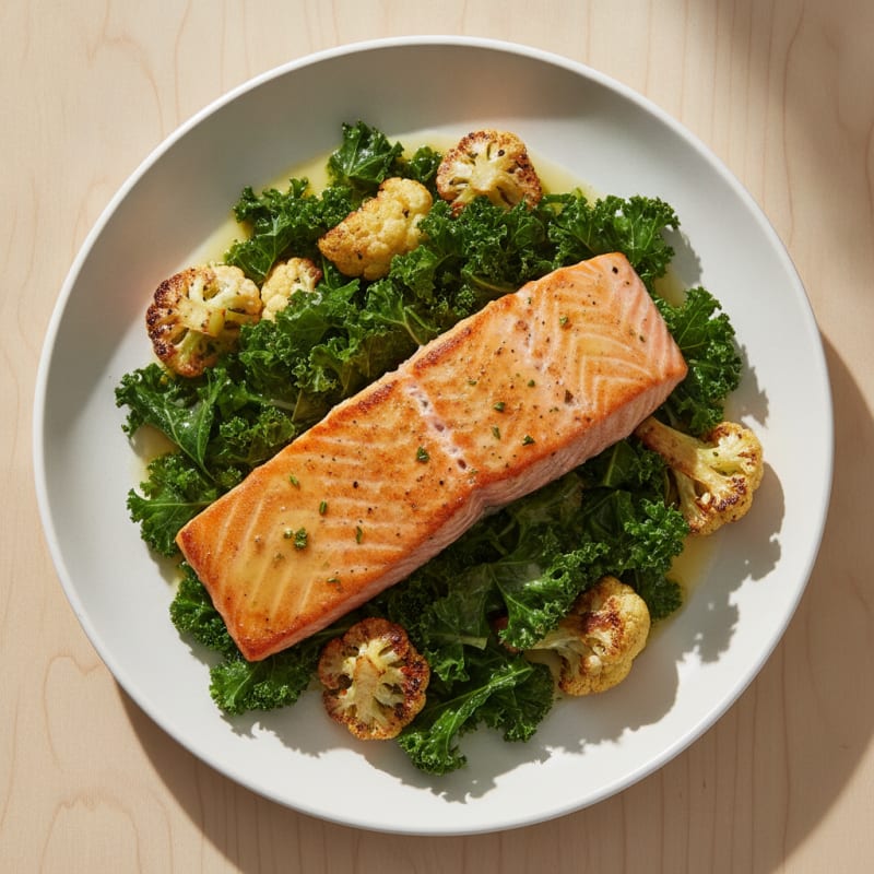 Pan-Seared Salmon with Roasted Cauliflower and Kale