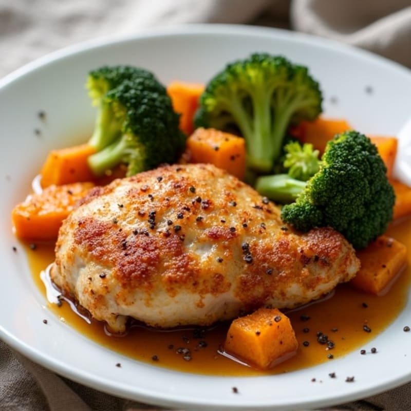 Crispy Baked Chicken Thighs with Roasted Broccoli and Sweet Potato Hash