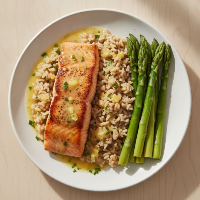 Seared Salmon with Steamed Asparagus and Brown Rice