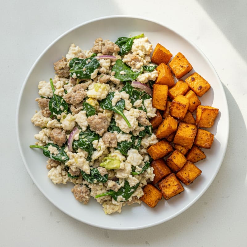 Egg White and Turkey Sausage Scramble with Spinach and Roasted Sweet Potatoes