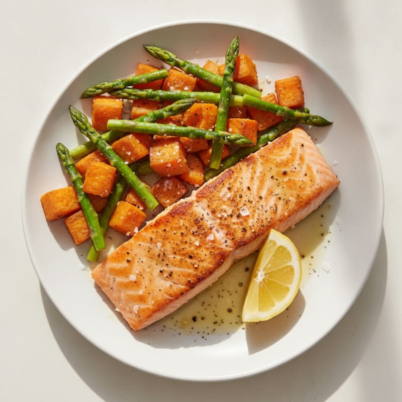 Seared Salmon with Roasted Sweet Potatoes and Asparagus