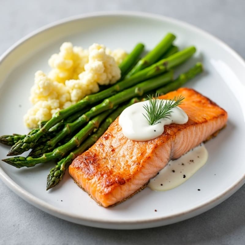 Seared Salmon Fillet with Steamed Asparagus and Cauliflower Mash