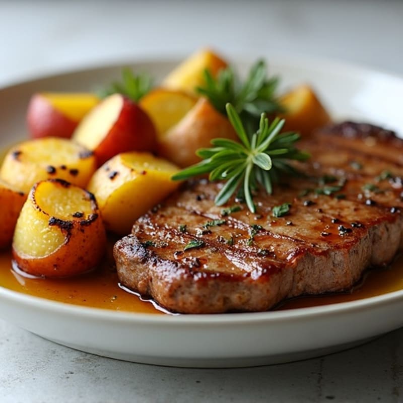 Garlic-Herb Steak and Roasted Potato Hash with Sautéed Summer Squash