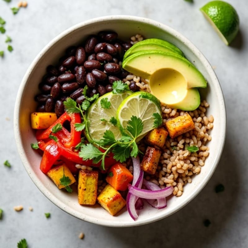 Hearty Black Bean and Roasted Veggie Burrito Bowl with Creamy Avocado