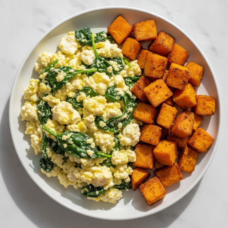 Cottage Cheese Egg Scramble with Spinach and Roasted Sweet Potato
