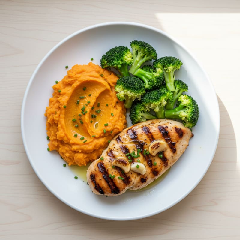 Grilled Chicken Breast with Steamed Broccoli and Mashed Sweet Potatoes