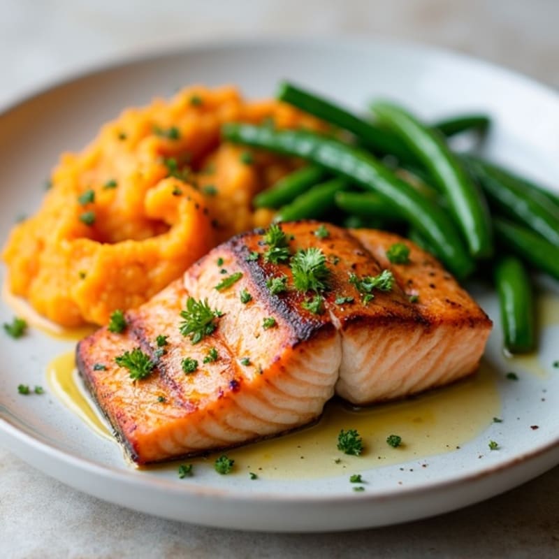 Seared Salmon with Garlic Green Beans and Sweet Potato Mash
