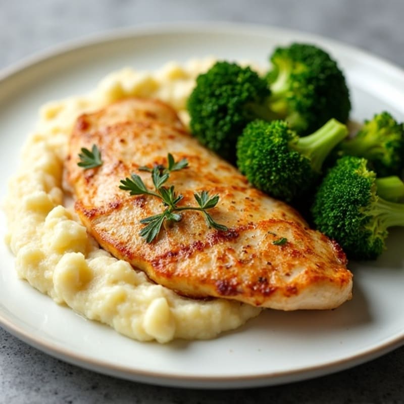 Pan-Seared Chicken with Creamy Buttery Garlic Mashed Potatoes and Roasted Broccoli