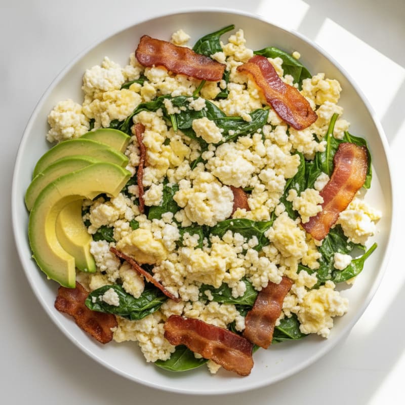 Cottage Cheese Scramble with Turkey Bacon and Spinach