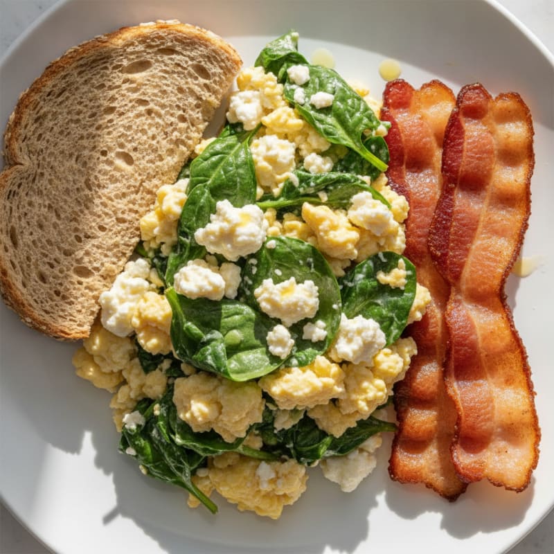 Cottage Cheese Scramble with Spinach and Turkey Bacon