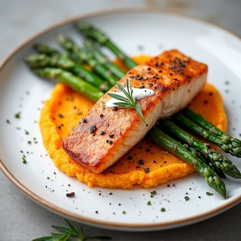 Seared Salmon with Roasted Asparagus and Sweet Potato Mash
