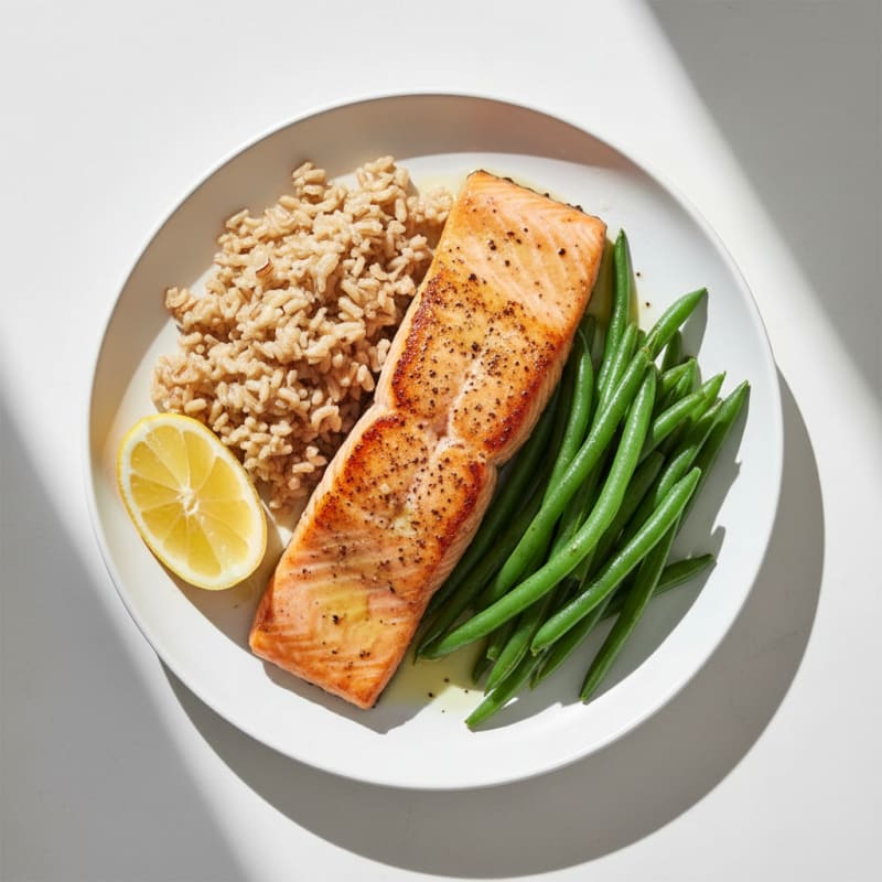 Seared Salmon with Steamed Green Beans and Brown Rice