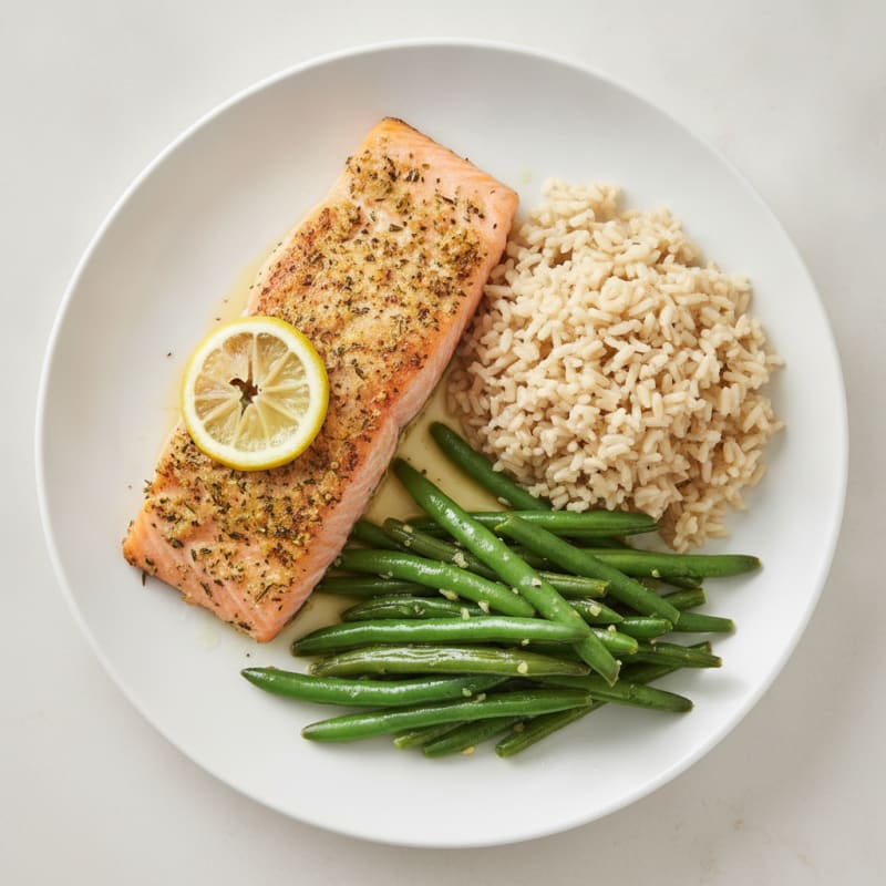 Baked Salmon with Garlic Green Beans and Brown Rice