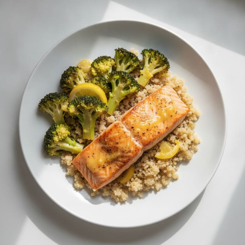 Seared Salmon Fillet with Roasted Broccoli and Quinoa
