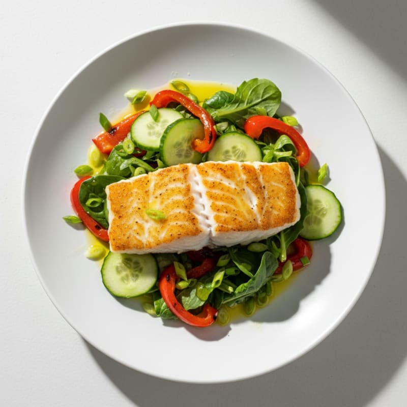 Pan-Seared Fish with Roasted Bell Pepper and Cucumber Salad