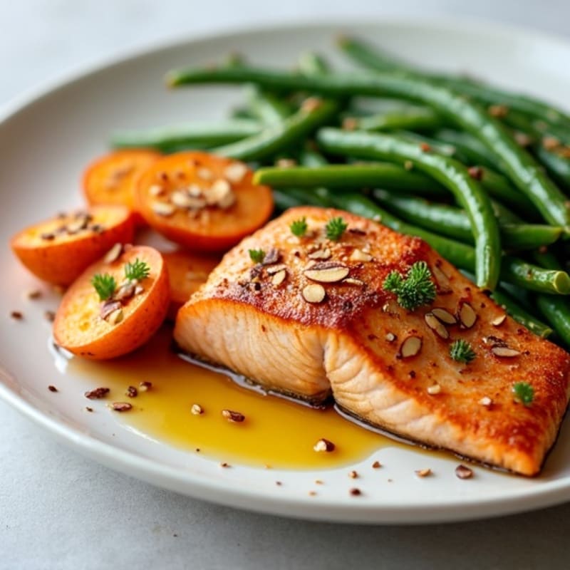 Seared Salmon with Garlic Green Beans and Roasted Sweet Potato