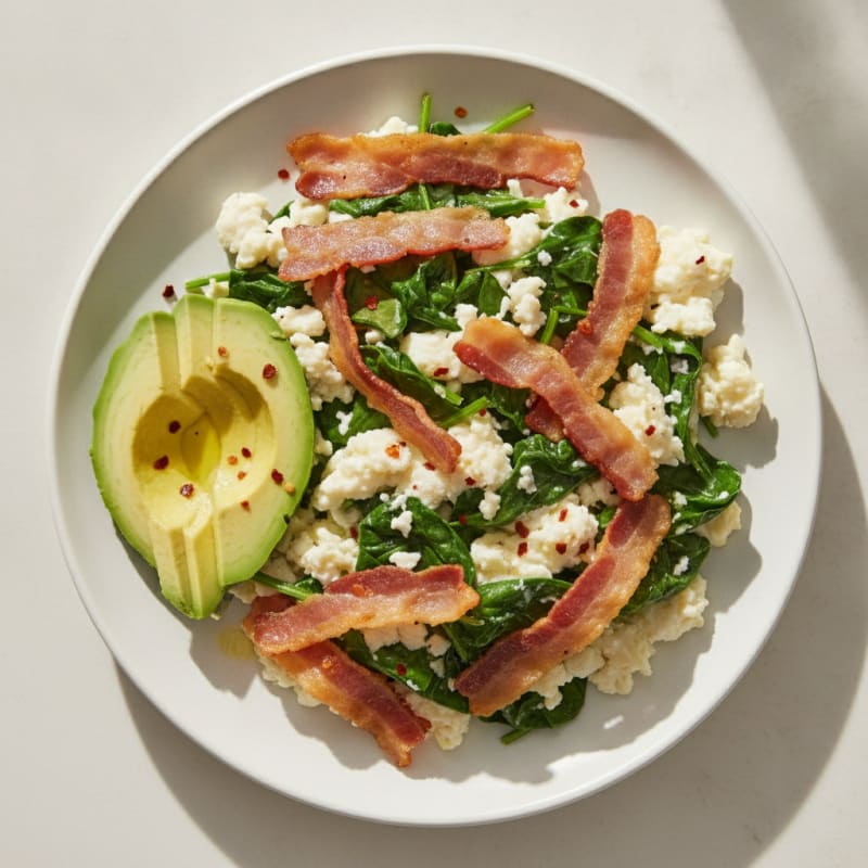 Crispy Turkey Bacon and Egg White Scramble with Sautéed Spinach