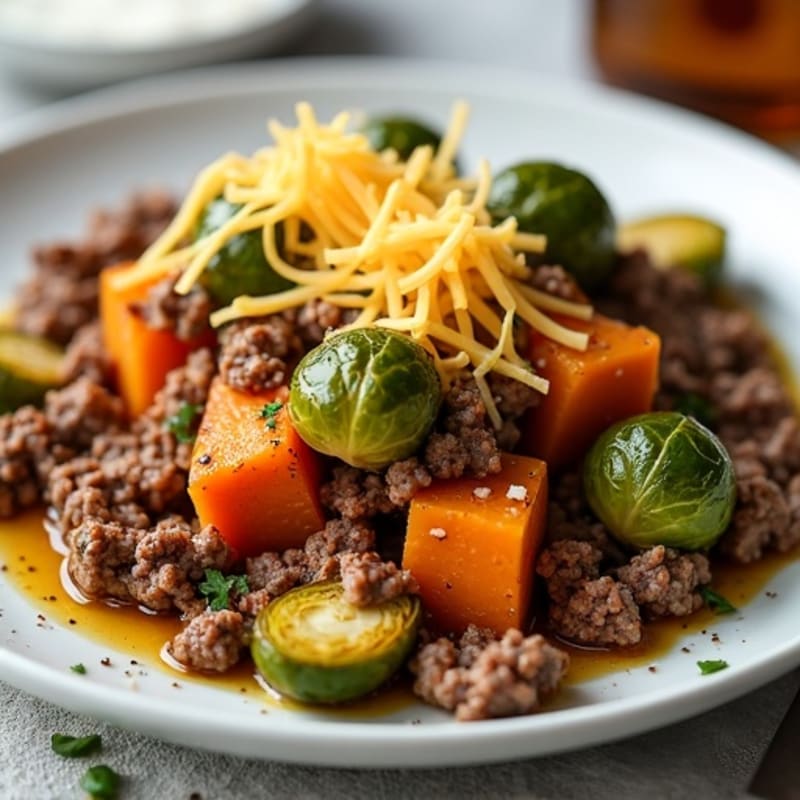 Roasted Sweet Potato and Ground Beef with Crispy Brussels Sprouts and Shredded Cheese