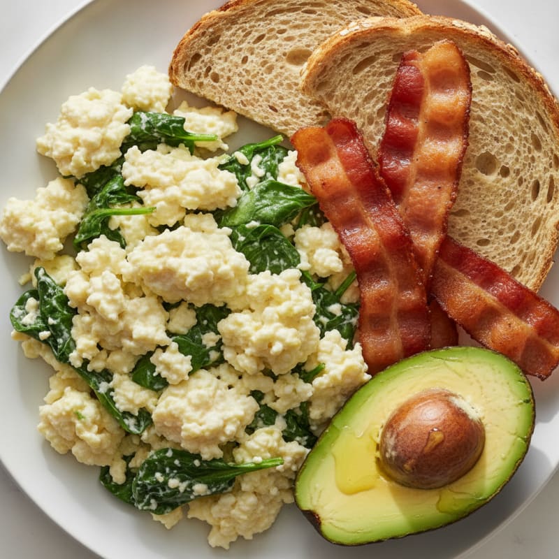 Cottage Cheese Scramble with Spinach and Turkey Bacon