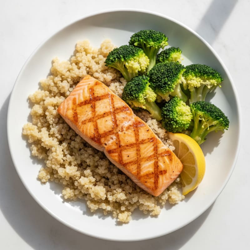 Seared Salmon with Steamed Broccoli and Quinoa