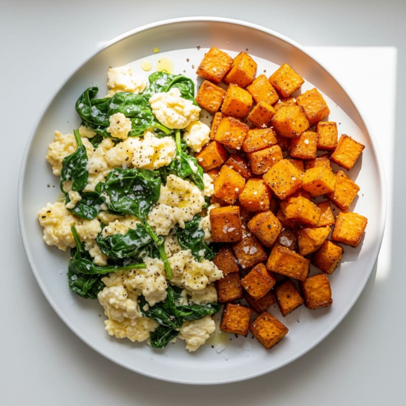 Cottage Cheese Scramble with Spinach and Roasted Sweet Potato