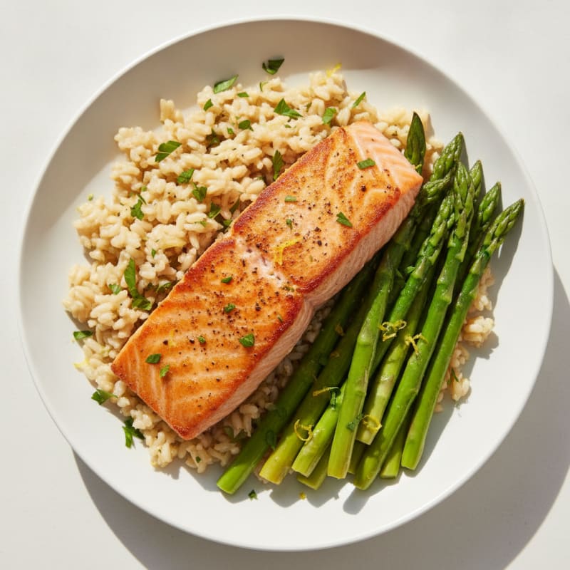 Seared Salmon with Steamed Asparagus and Lemon-Herb Brown Rice