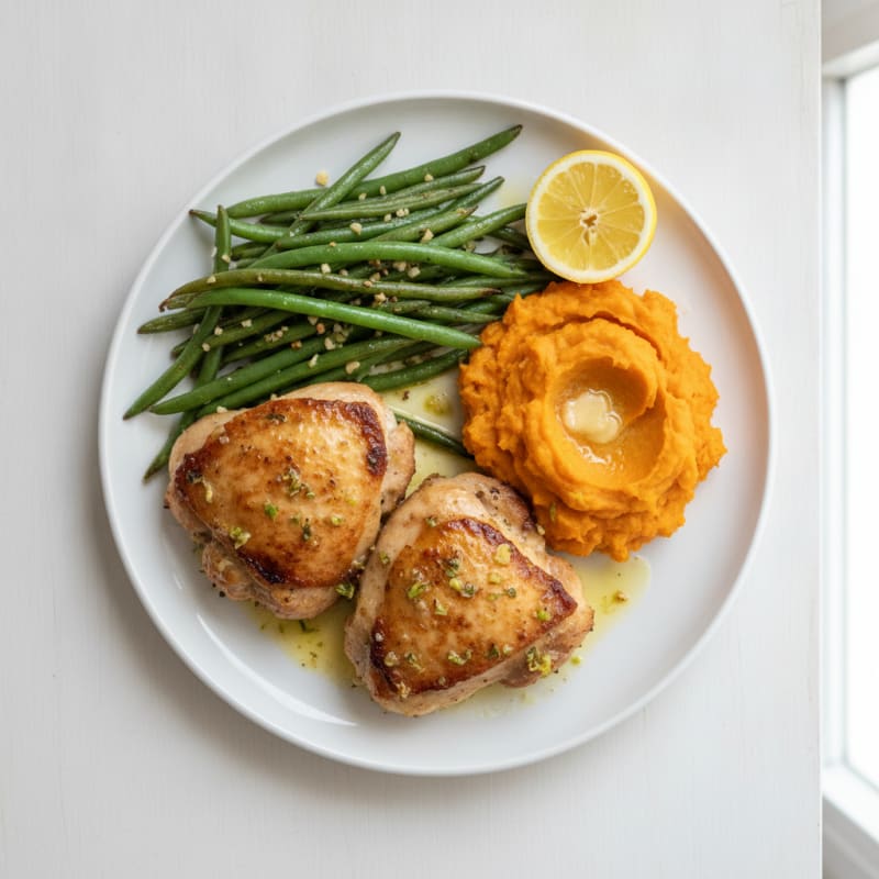 Seared Chicken Thighs with Garlic Green Beans and Mashed Sweet Potatoes