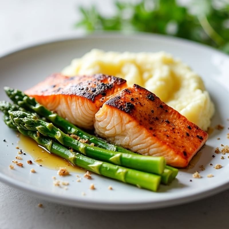 Seared Salmon Fillet with Roasted Asparagus and Cauliflower Mash