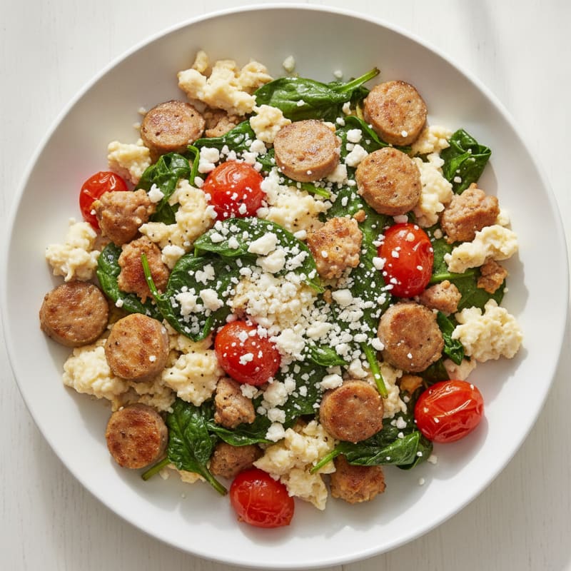 Egg White and Turkey Sausage Scramble with Sautéed Spinach