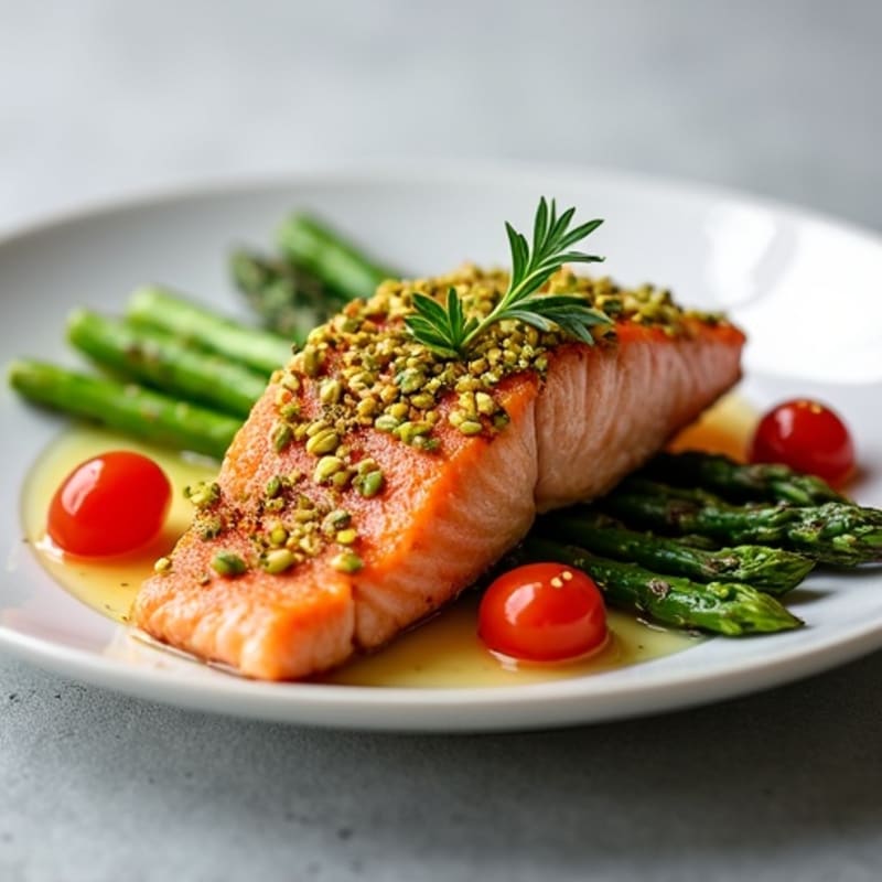Pistachio-Crusted Salmon with Roasted Asparagus and Cherry Tomatoes