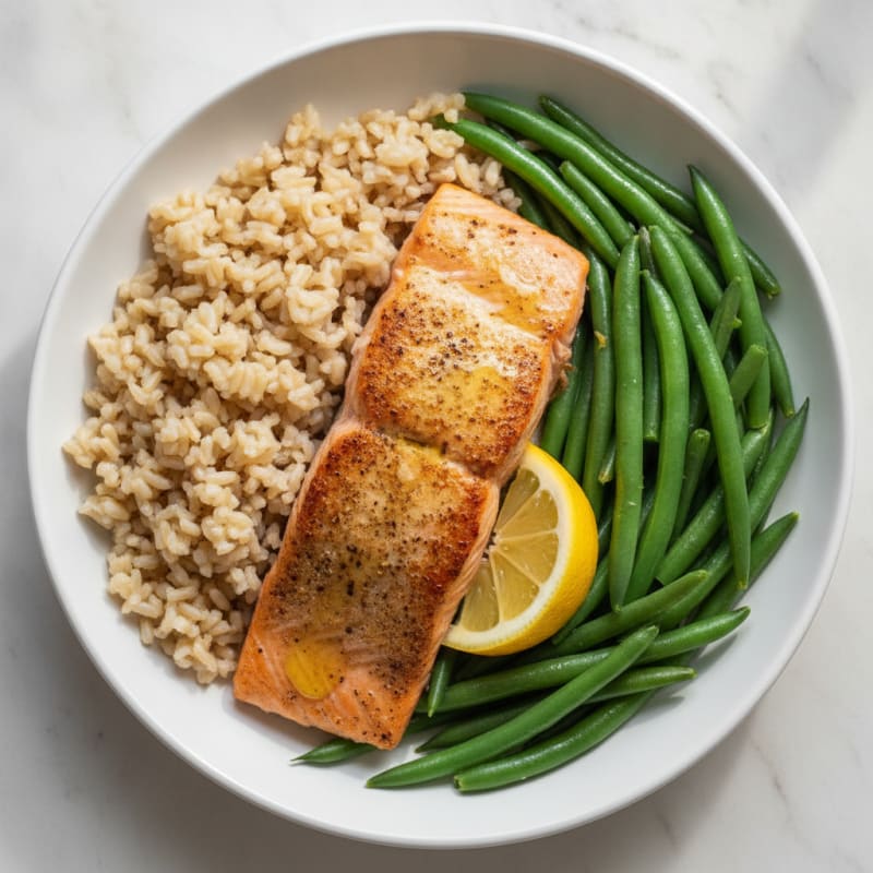 Seared Salmon with Steamed Green Beans and Brown Rice