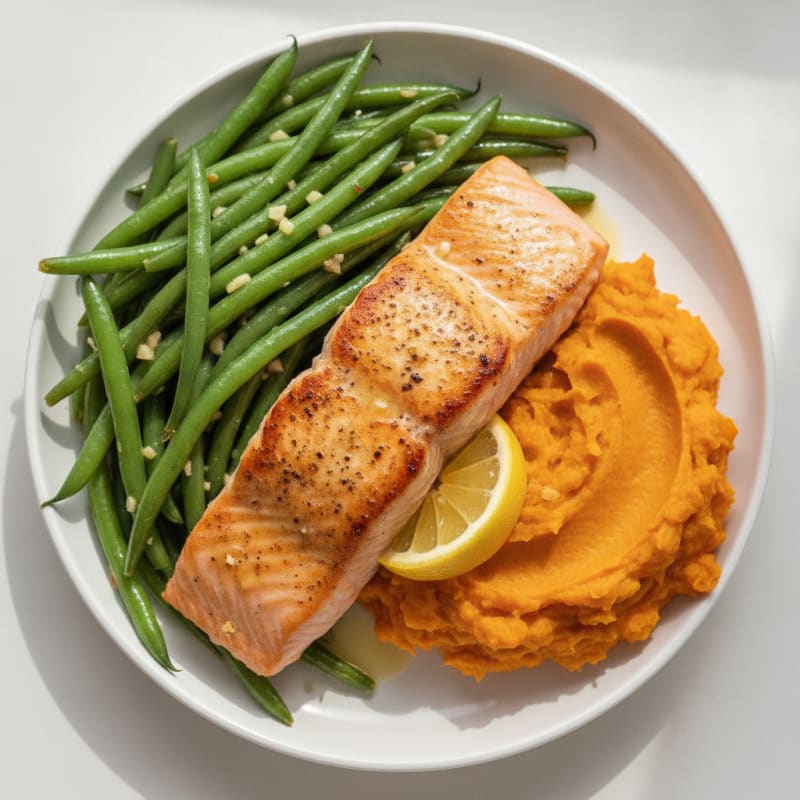 Seared Salmon with Garlic Green Beans and Sweet Potato Mash