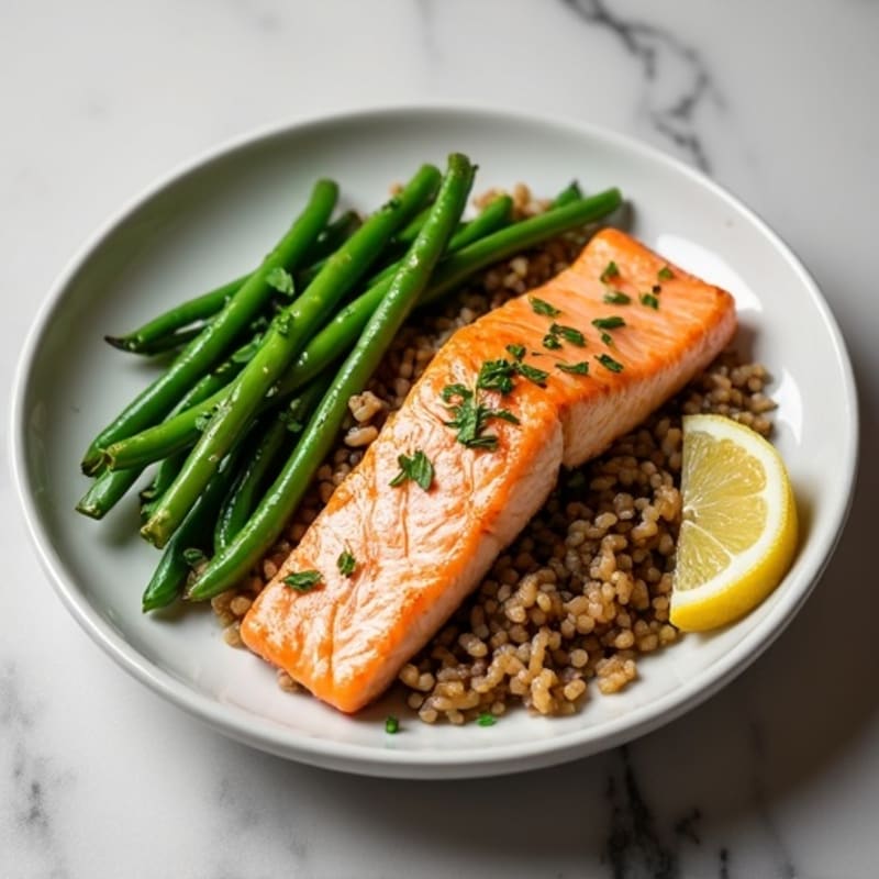 Seared Salmon Fillet with Garlic Green Beans and Brown Rice
