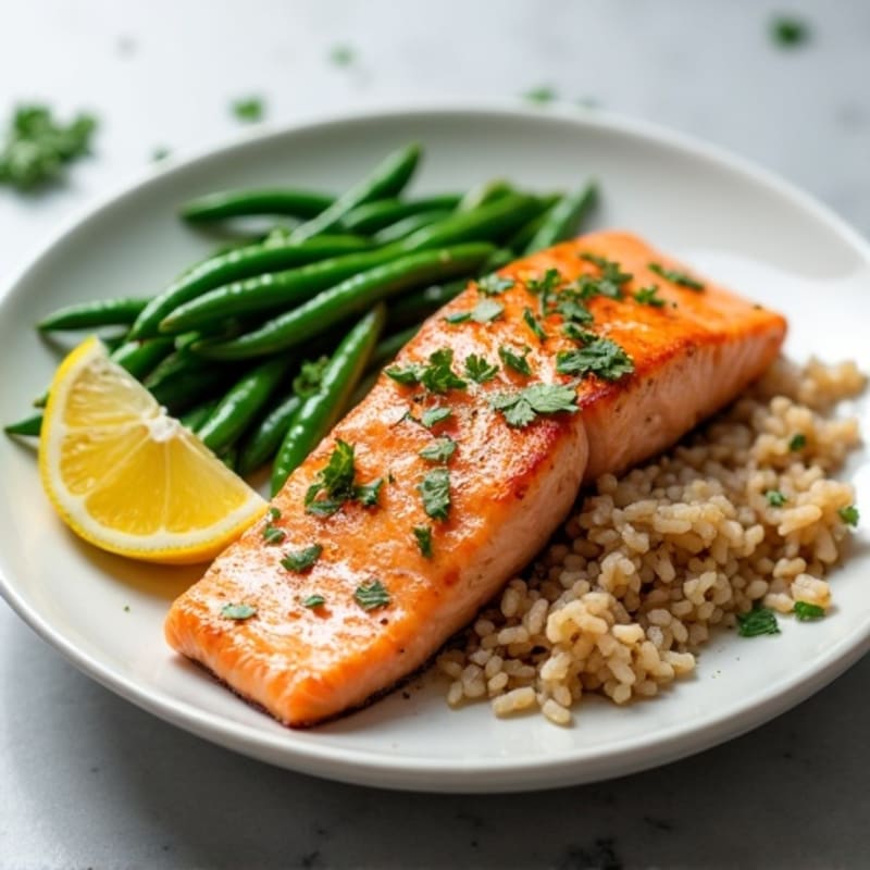Seared Salmon with Garlic Green Beans and Brown Rice