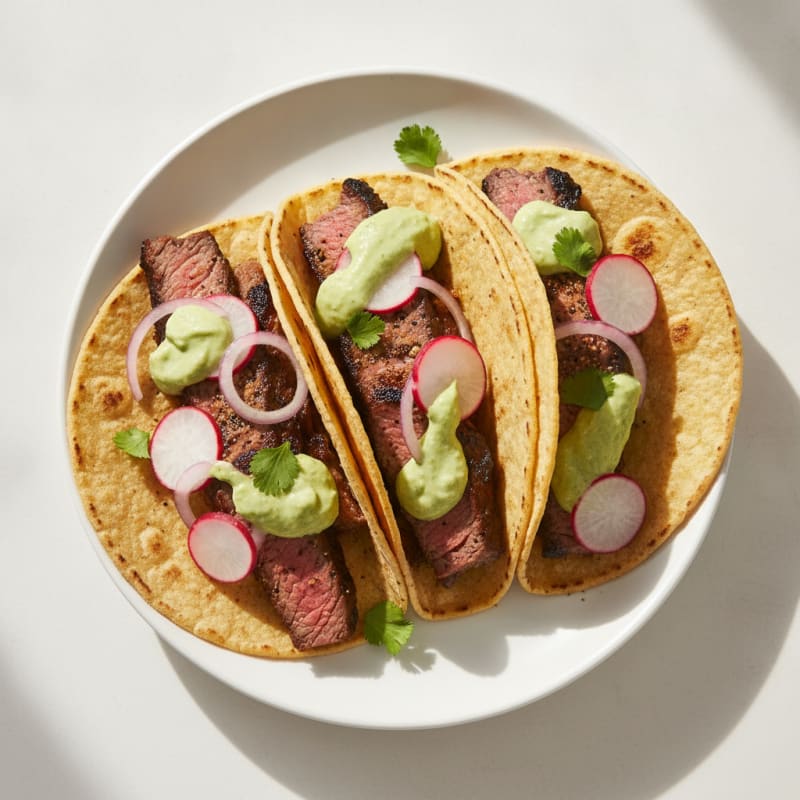 Carne Asada Tacos with Avocado Crema