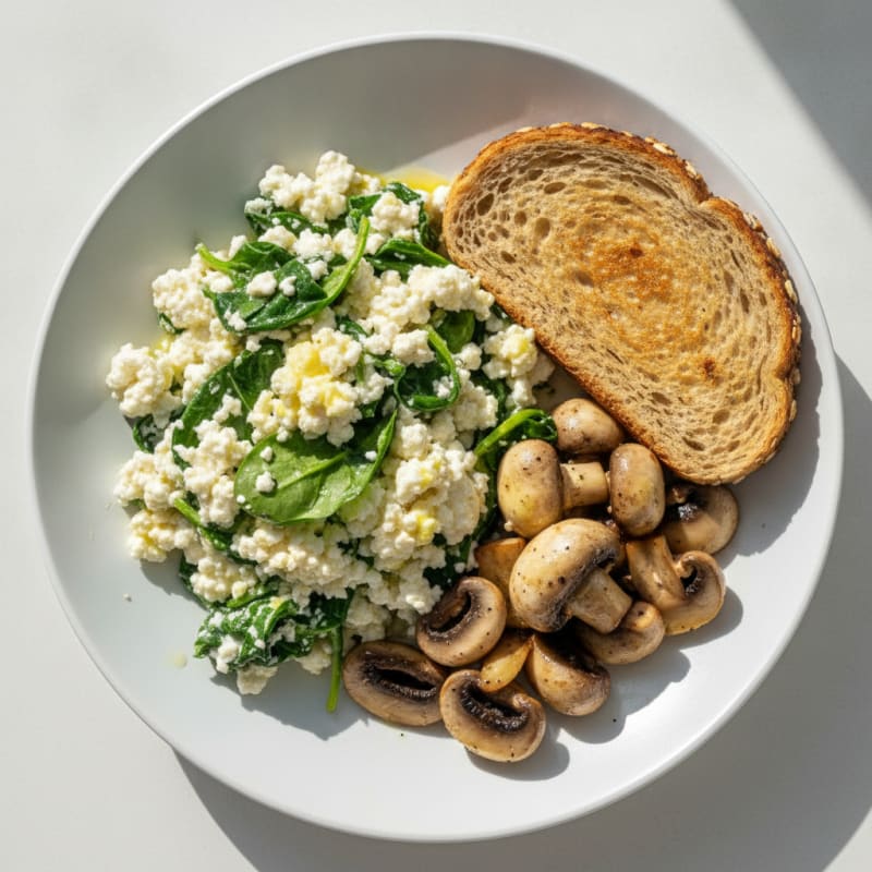 Egg White Spinach Scramble with Cottage Cheese and Sautéed Mushrooms