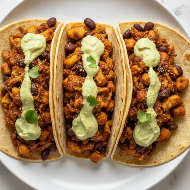 Jackfruit Adobo Tacos with Avocado Crema